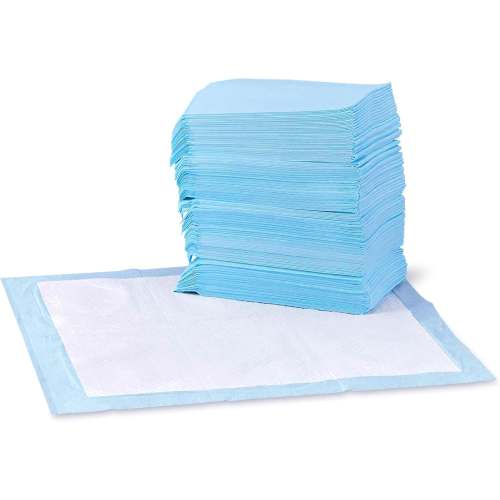 Amazon Basics Dog and Puppy Pee Pads with Leak-Proof Quick-Dry Design for Potty Training, Standard Absorbency, Regular Size, 22 x 22 Inches, Pack of 100, Blue & White
