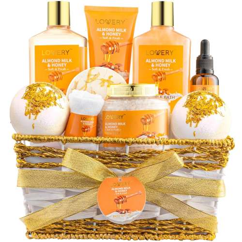 Gift Basket for Women - 10 Pc Almond Milk & Honey Beauty & Personal Care Set - Home Bath Pampering Package for Relaxing - Spa Self Care Kit - Thank You, Birthday, Mom, Anniversary Gift
