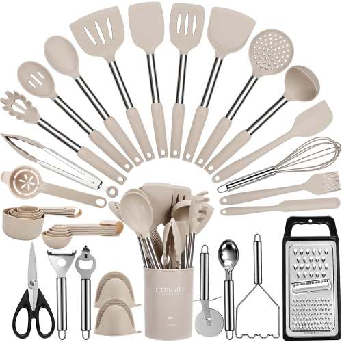 Large Cooking Utensils Set, 35 Pcs Spatula Set with Holder, Silicone Kitchen Utensils Set with Stainless Steel Handle, Cheese Grater, Ice Cream Scoop, Pizza Cutter Kitchen Gadgets (Khaki)