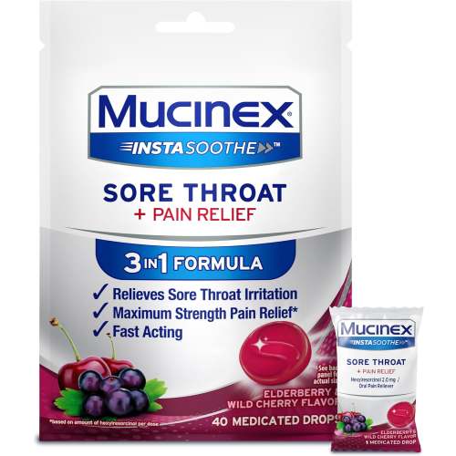 Mucinex Instasoothe Sore Throat Relief, Sore Throat Lozenges, Sore Throat Medicine with Hexylresorcinol, Cough Drops Alternative, 40 Elderberry & Wild Cherry Medicated Numbing Throat Drops