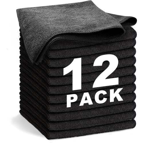 Black Microfiber Cleaning Cloth 13"x13", Ultra Soft Absorbent Microfiber Cleaning Rags for Housekeeping Cleaning Supplies, Lint Free Reusable Cleaning Cloths for House Washable, Pack of 12