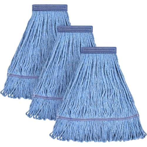 MATTHEW CLEANING Heavy Duty Mop Head Commercial Replacement for General and Floor Cleaning , Wet Industrial Blue Cotton Looped End String Head Refill (Pack of 3) Blue